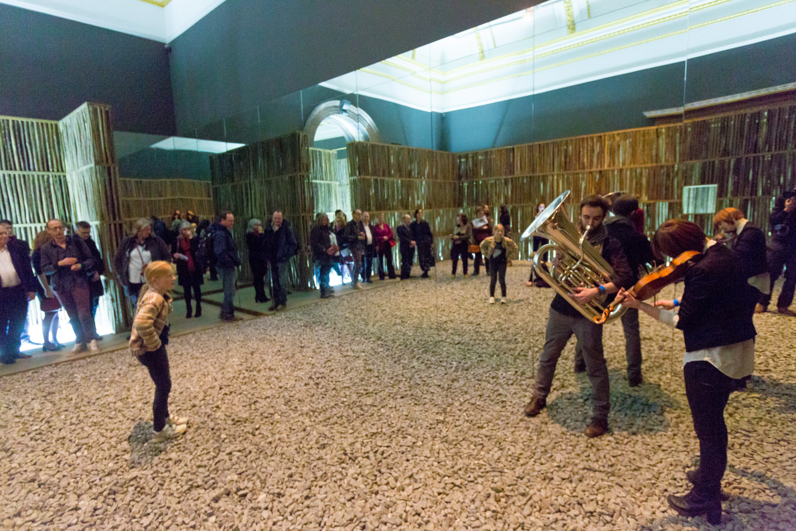 Roving musicians playing in Li Xiaodong’s installation at the ‘Friday Night Late’ for the Sensing Spaces: Architecture Reimagined exhibition, February 2014.  Credit: Tom Pande / Royal Academy of Arts